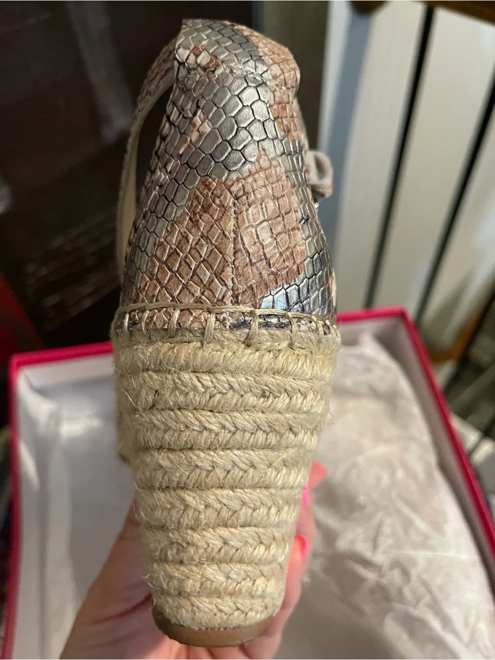 Vince Camuto Snake-Print Espadrille Sandal in Beige and Gray